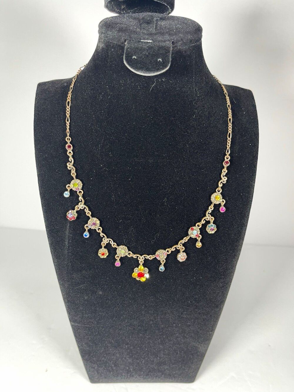 Antique Gold Tone Cable Chain Necklace Multicolor Crystal Flower Charms 18"
